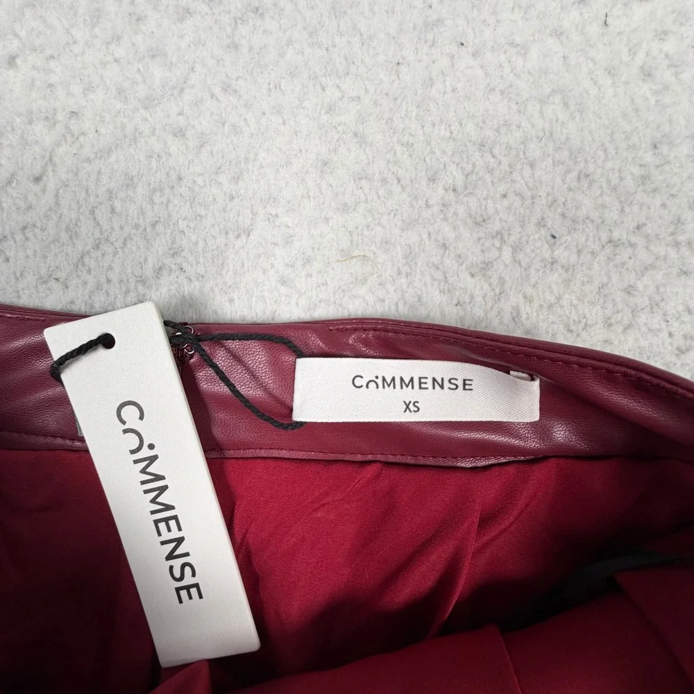 NWT Commense Faux Leather Midi Skirt Vegan‎ XS Burgundy Ruched Front Slit Pencil